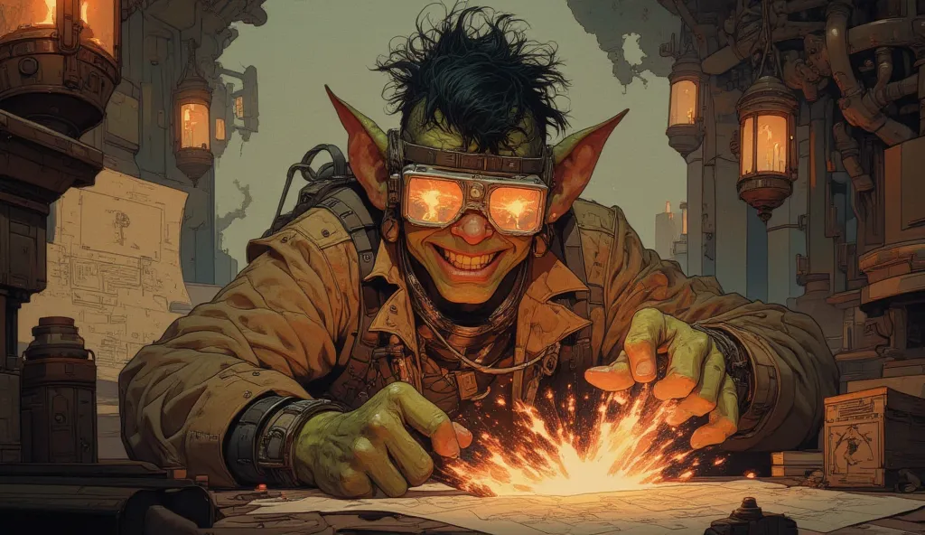 Energetic goblin tinkerer, a genius inventor who builds contraptions from scrap and junk. He wears welding goggles over his eyes, the lenses reflecting the fiery glow of his latest creation—an unstable, crackling explosive device emitting bright orange spa...