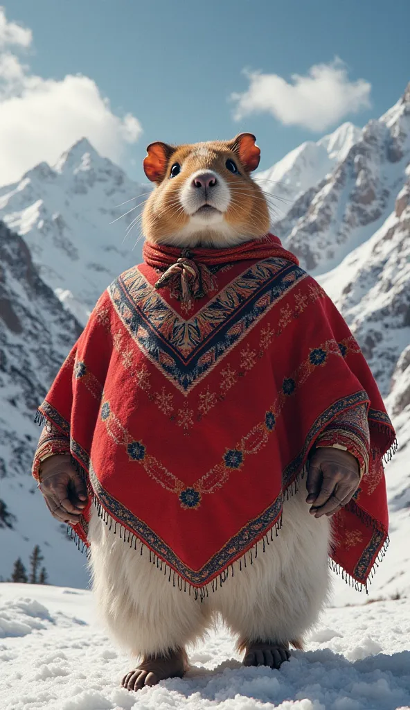 A gigantic humanoid with the face of a guinea pig, with bright eyes and thin mustaches. His body is muscular and enormous, wearing an elegant red alpaca poncho with Andean patterns, that flutters lightly in the wind. He wears loose white pants, contrasting...