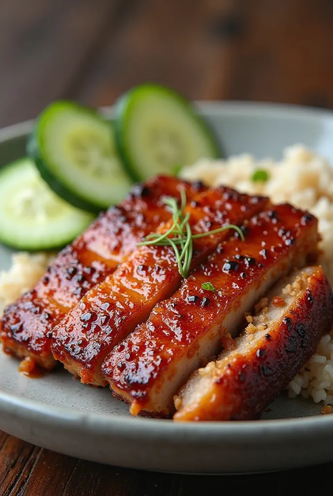 Rice with crispy roasted pork belly and smoked pork belly with 3 slice cucumber in a plate