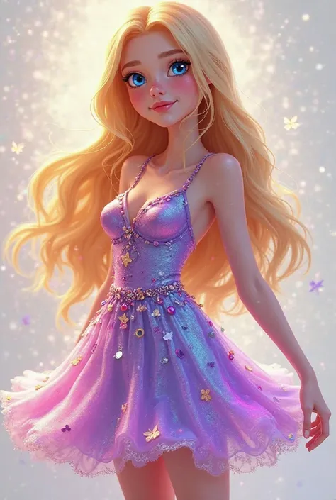 long Blonde haired adult  with light blue eyes wearing a short sparkly purple, pink, and blue dress realistic cartoon