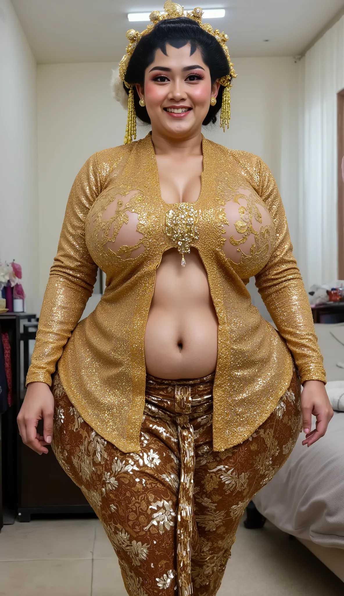 I am a 56 year old pregnant Indonesian woman, wide hips, wearing a gold kebaya and high heels. Being hugged from behind by my 20 year old husband, he is holding my hips.Anatomically Correct, Textured Skin, realistic skin, Super Detailed, High Quality, High...