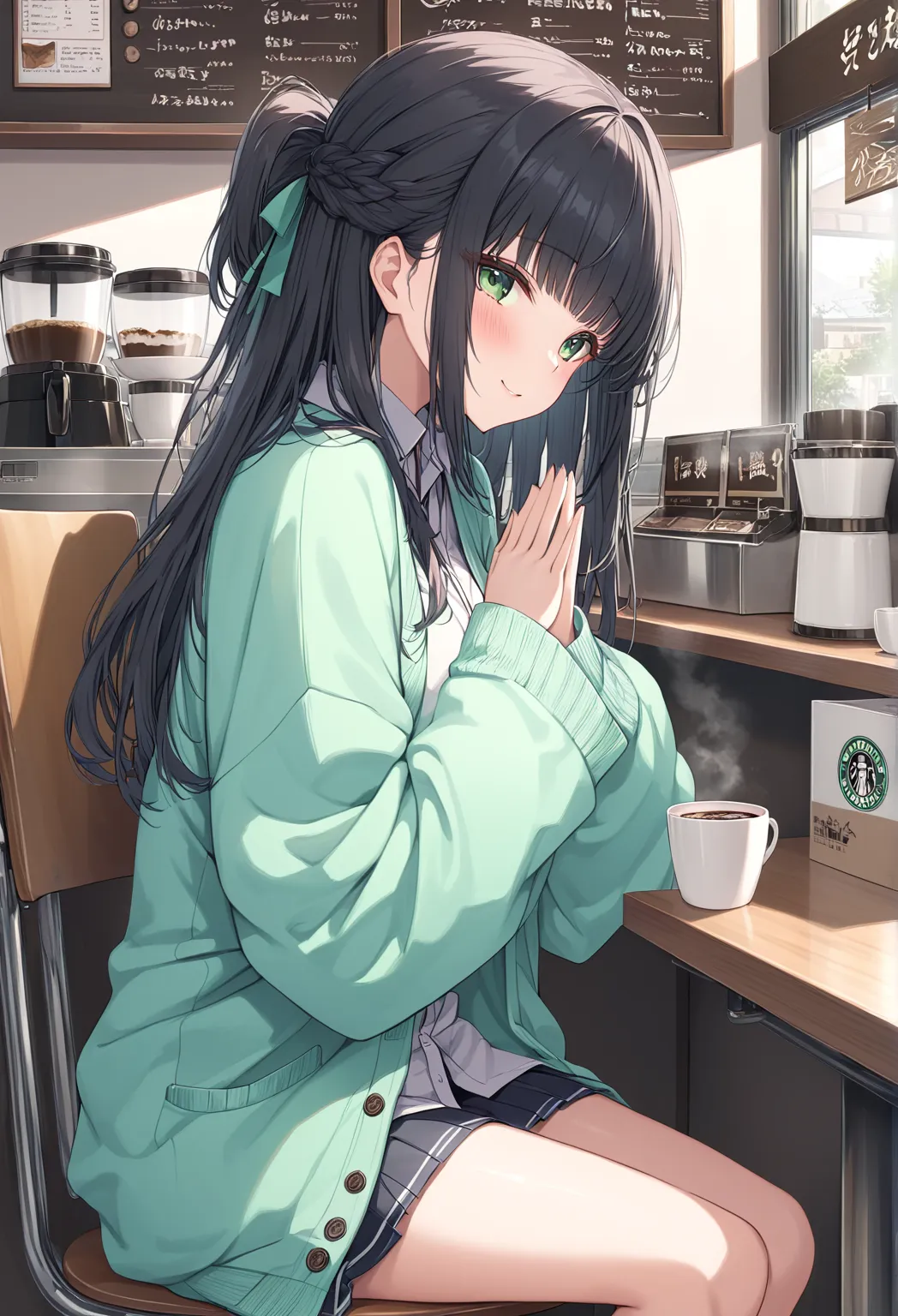 best quality, ultra detailed, absolutely resolution、woman 、alone、Thin black hair、long hair、half updo、blunt bangs、big eyes、Dark green eyes、looking up、Shy Smile、blush、Big Breasts、own hands together、head tilt、oversized cardigan that is being molested、sleeves ...