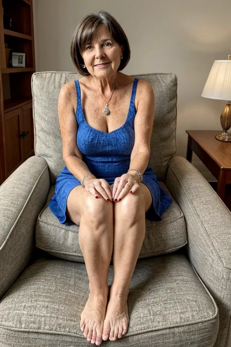 Mature woman sitting on an armchair wearing a short dress. in front of the camera, 