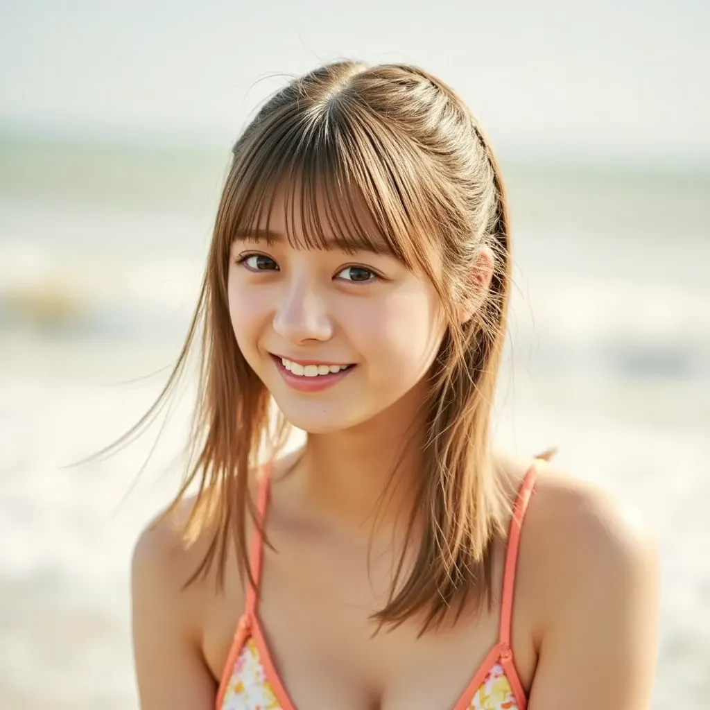 blonde long hair、 hairstyle is straight、 light background、swimsuit、Ponytail