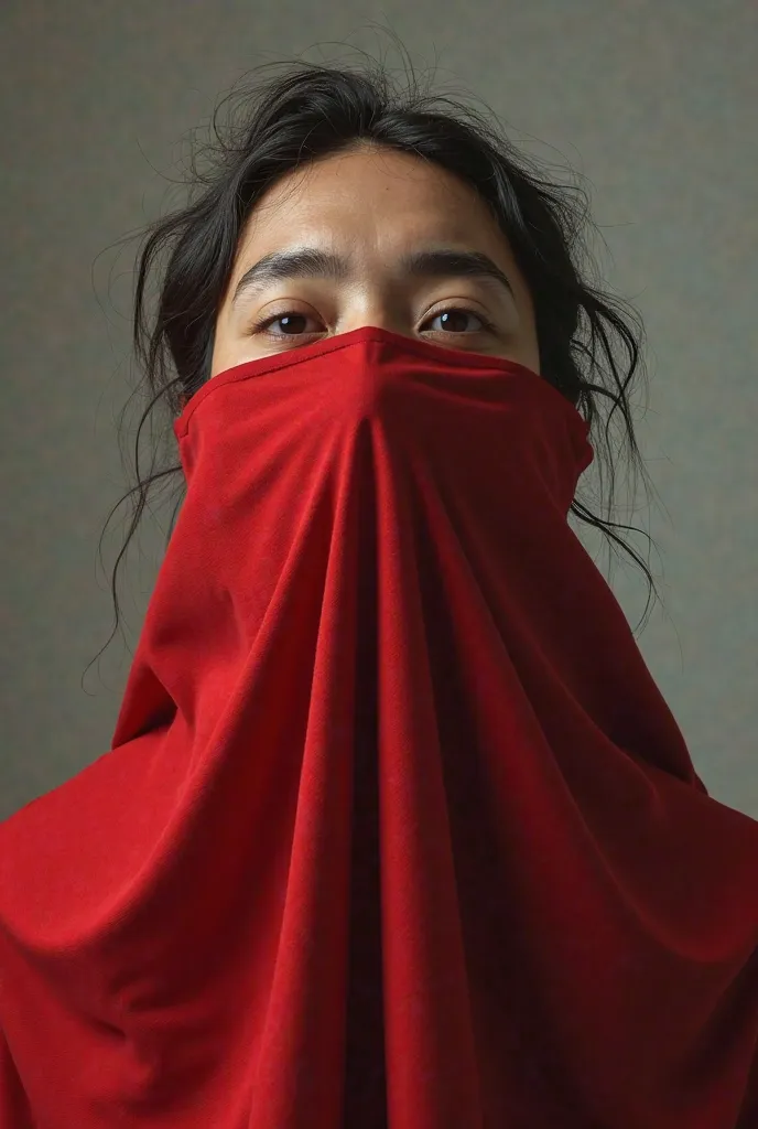 Person's mouth is tied with red cloth