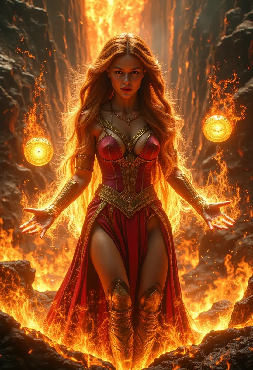 Greek Fire Goddess, long-haired redhead , beautiful and radiant amber eyes, perfect sculptural and attractive body, wearing divine warrior armor adorned with divine amber in an imposing pose holding floating fireballs highlighted rising from a volcano ultr...