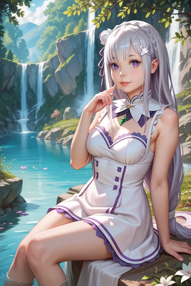 Emilia del anime Re Zero ,  sitting