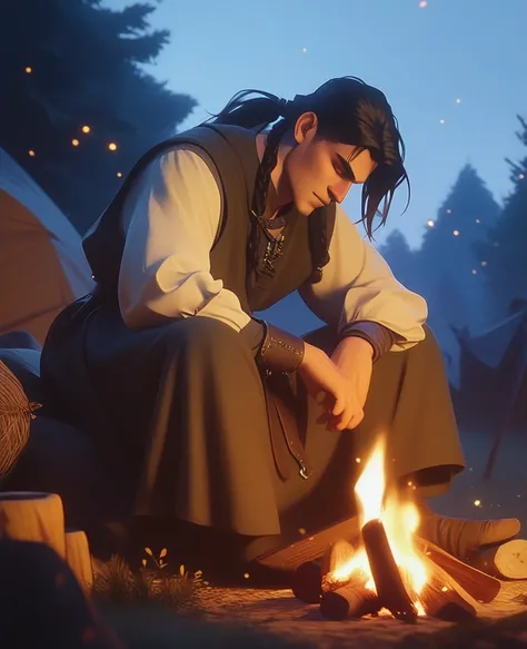 Adult male, brown skin, long black hair in low ponytail, wearing medieval peasant clothing, midnight, night sky, sitting in front of campfire, worn pack beside him 