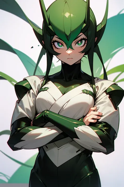 Create an anime style image of a 3 meter dark colored humanoid creature, completely green eye color with bright white pupils in the center, not so muscular, with arms crossed 