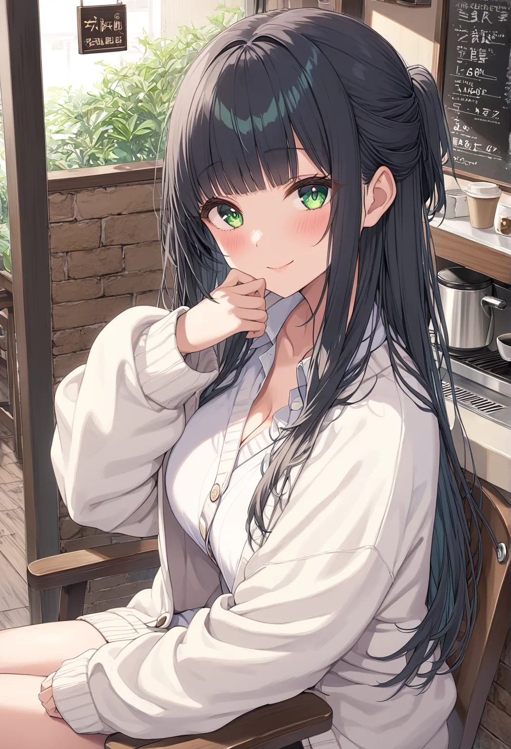 best quality, ultra detailed, absolutely resolution、woman 、alone、Thin black hair、long hair、half updo、blunt bangs、big eyes、Dark green eyes、looking up、Shy Smile、blush、Big Breasts、own hands together、head tilt、oversized cardigan that is being molested、sleeves ...