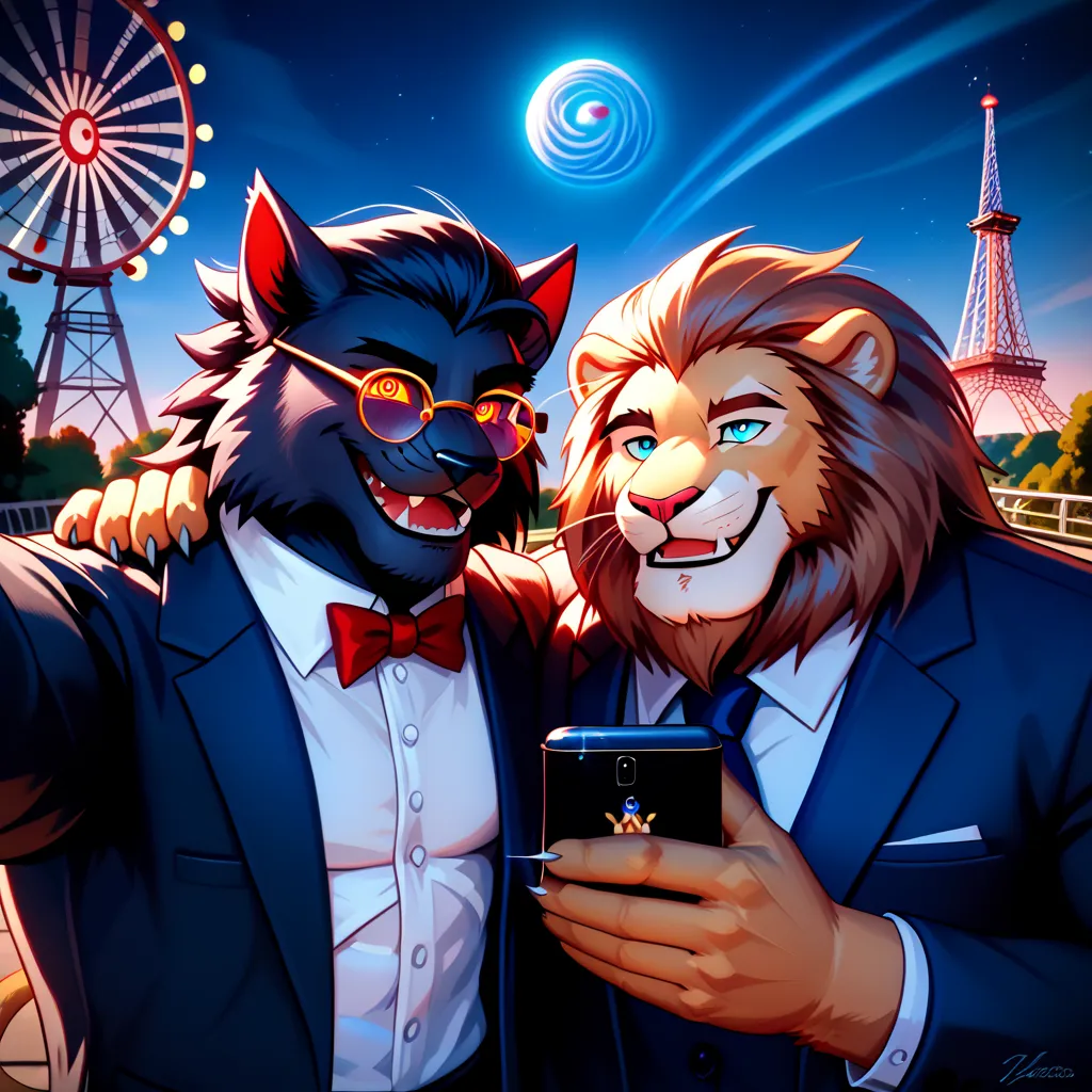 Dyne and Cornelus are boyfriends on a romantic date, hanging out at a themepark. couple, DUO, 2+characters, dynamic pose, absurdres(highly detailed beautiful face and eyes)perfect anatomy, (ultra detailed), sharp focus, niji, eyesgod, black eye, furry, whi...