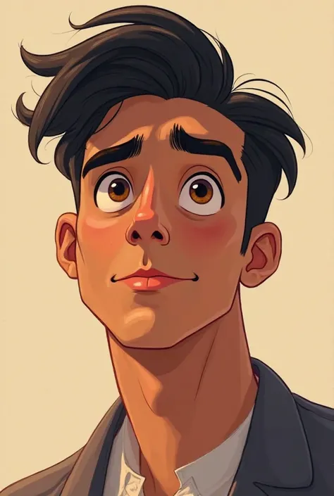 Animated drawing of a 25-year-old man with brown skin, hazel eyes and black hair and with hair groomed with adult expression