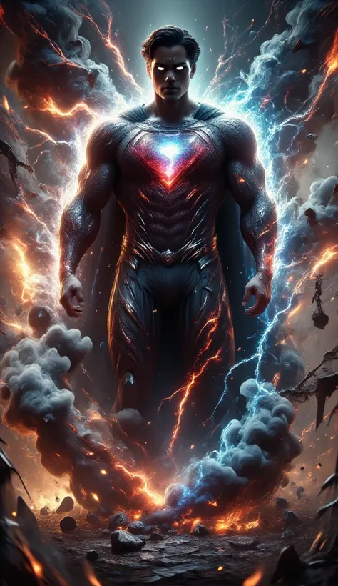 A terrifying fusion of Superman and a Samoan warrior, transformed into a monstrous, god-like being of immense power. His muscular form is covered in glowing tribal tatau, pulsating with supernatural blue and red energy. His eyes burn with a deadly, otherwo...