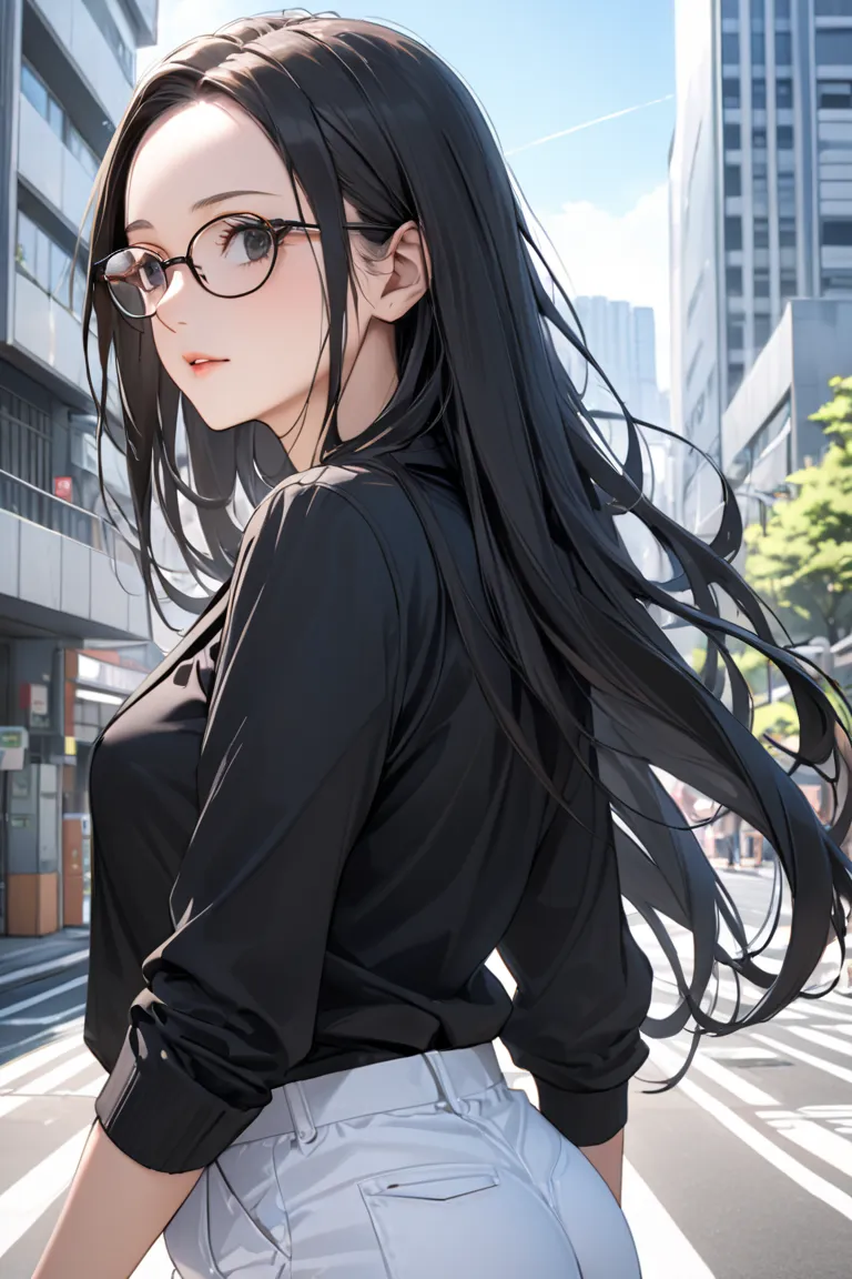 best quality, soft , super detail,  beautiful , 8k, 1 girl , long hair, black hair, outdoor, bright,  clear sky,  mature women, long hair, forehead, Black Eyes, glasses,  black clothes ,  white shorts, in Tokyo city building