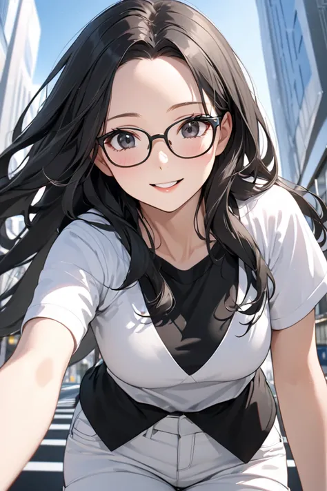 best quality, soft , super detail,  beautiful , 8k, 1 girl , long hair, black hair, outdoor, bright,  clear sky,  mature women, long hair, forehead, Black Eyes, glasses,  black clothes ,  white shorts, in Tokyo city building, happy