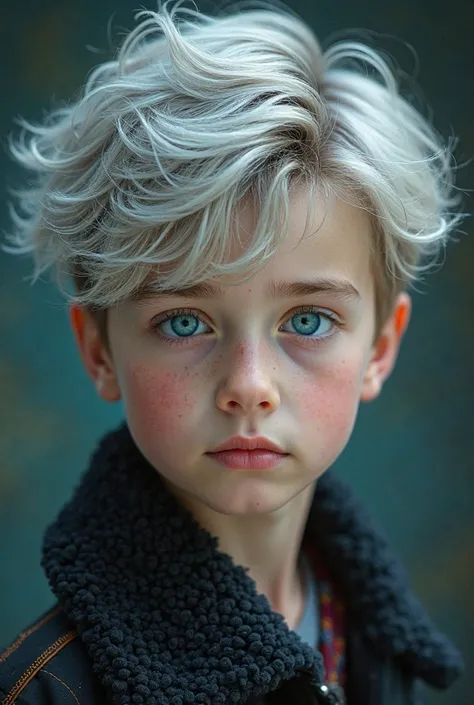 Russian boy,  ,Clean, with a Chris Evan-like hairstyle, silver hair, emerald blue eyes, giving a similar mood to harry potter.

