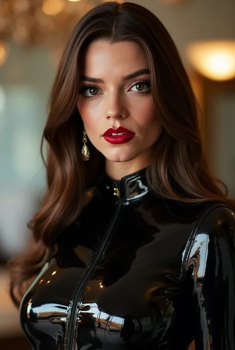 elegant brown hair, lip botox injections, extremely shiny deep red lip gloss, eyeliner flicks, latex rubber fetish outfit for a secretary