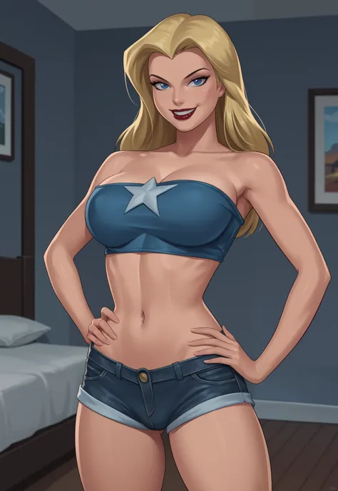 safe_pos, PonyXLV6_Scores BREAK ((retro artstyle, parody)), perfect anatomy, cowboy shot) 1girl, blonde hair, staright hair, blue eyes, ((looking at viewer)), superhero, red lipstick, navy blue tube top, navy blue jean shorts,  curvy, athletic, large breas...