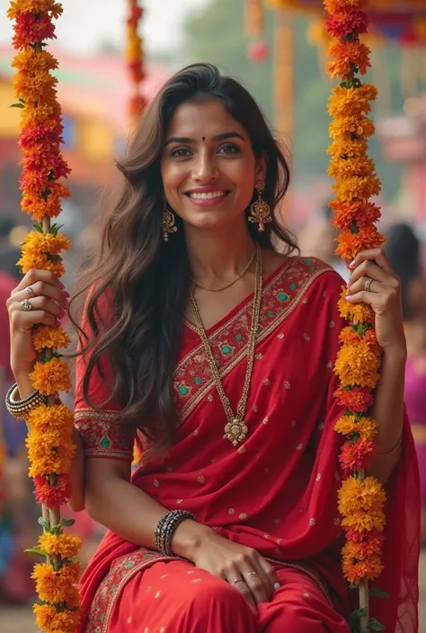 (Photorealism:1.2), smiling and beautiful woman,  sitting on a swing , swing decorated with flowers , festival teej ,  colorful background, women in red sari, Playing Dhol, Dancing in the background  , live food counter by Jerry , 