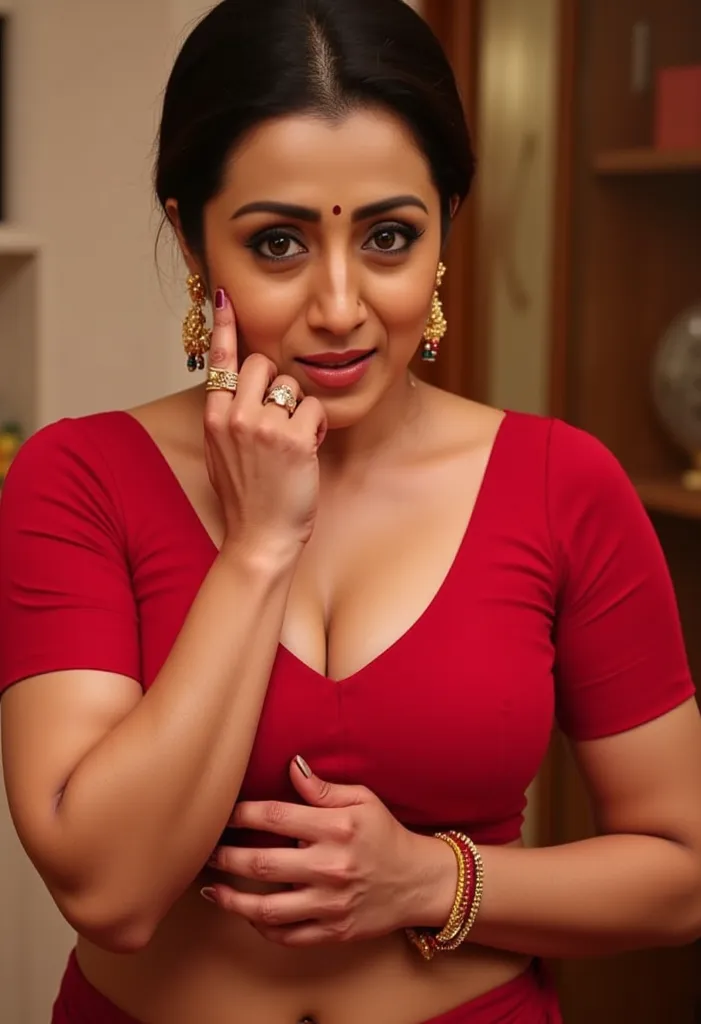 40 yo mature curvy, perfect round breasts, huge cleavage, massive , wearing traditional red saree, transparent, slutty looks, erotic, slutty expressions, biting lower lip, intricate details, facial details, 