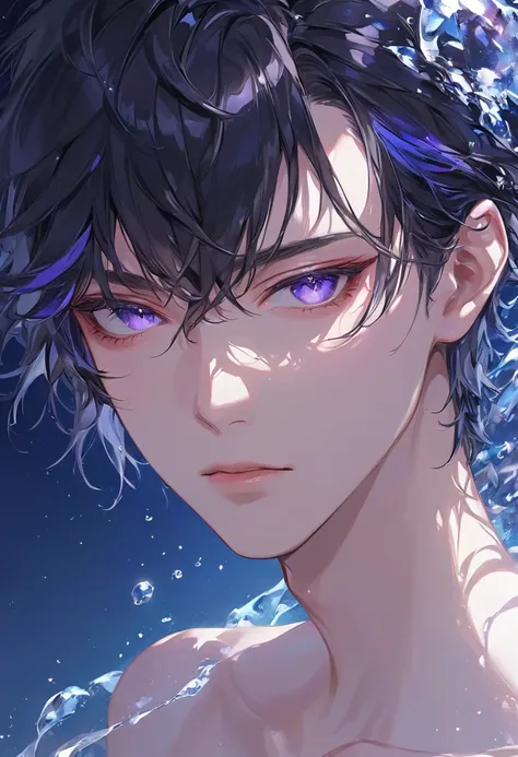 "Ultra-detailed hyper-realistic anime style, a young man with jet-black hair that shimmers subtly with silver and deep blue highlights. His hair flows naturally, silky and layered with intricate strands catching the light. His eyes are a mesmerizing shade ...