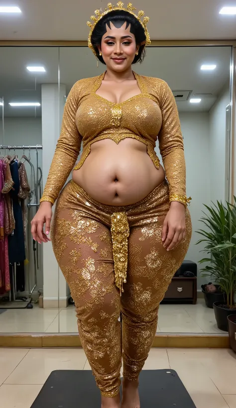 I am a 56 year old pregnant Indonesian woman, wide hips, wearing a glow gold kebaya and glow gold high heels. Being hugged from behind by my 20 year old husband, he is holding my hips.Anatomically Correct, Textured Skin, realistic skin, Super Detailed, Hig...