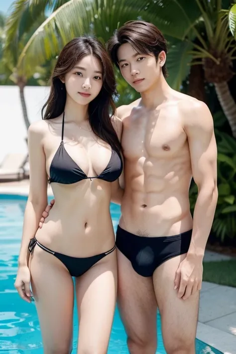  mom and  son, It has a similar appearance.., Standing side by side, Bikini