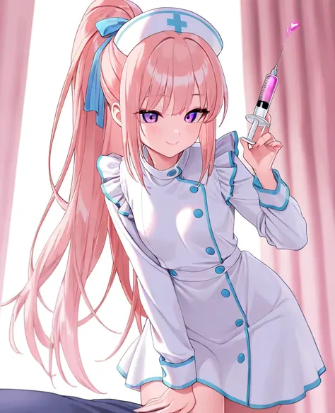 masterpiece, best quality, 1 girl, Alone,  girl、Petite、 small tits、is young、menhela、light pink hair color, blue ribbon、wearing makeup、 long hair, Put it together in a ponytail、purple eyes、  cute dress,  Long Sleeve,  frill ,  nurse clothes、smile,,  idol、 l...