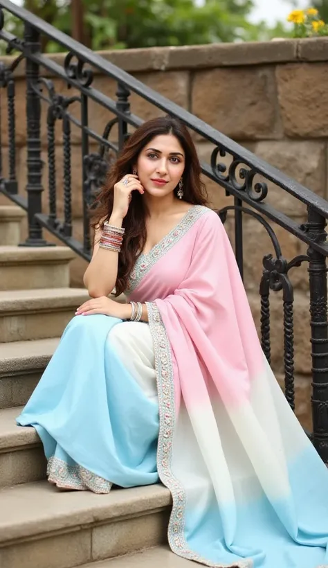 "A stunning young woman with long, dark brown hair and a serene expression, dressed in a pastel pink, blue, and white ombre saree with delicate embroidery. She is sitting gracefully on outdoor stone steps, leaning against a black wrought-iron railing, with...