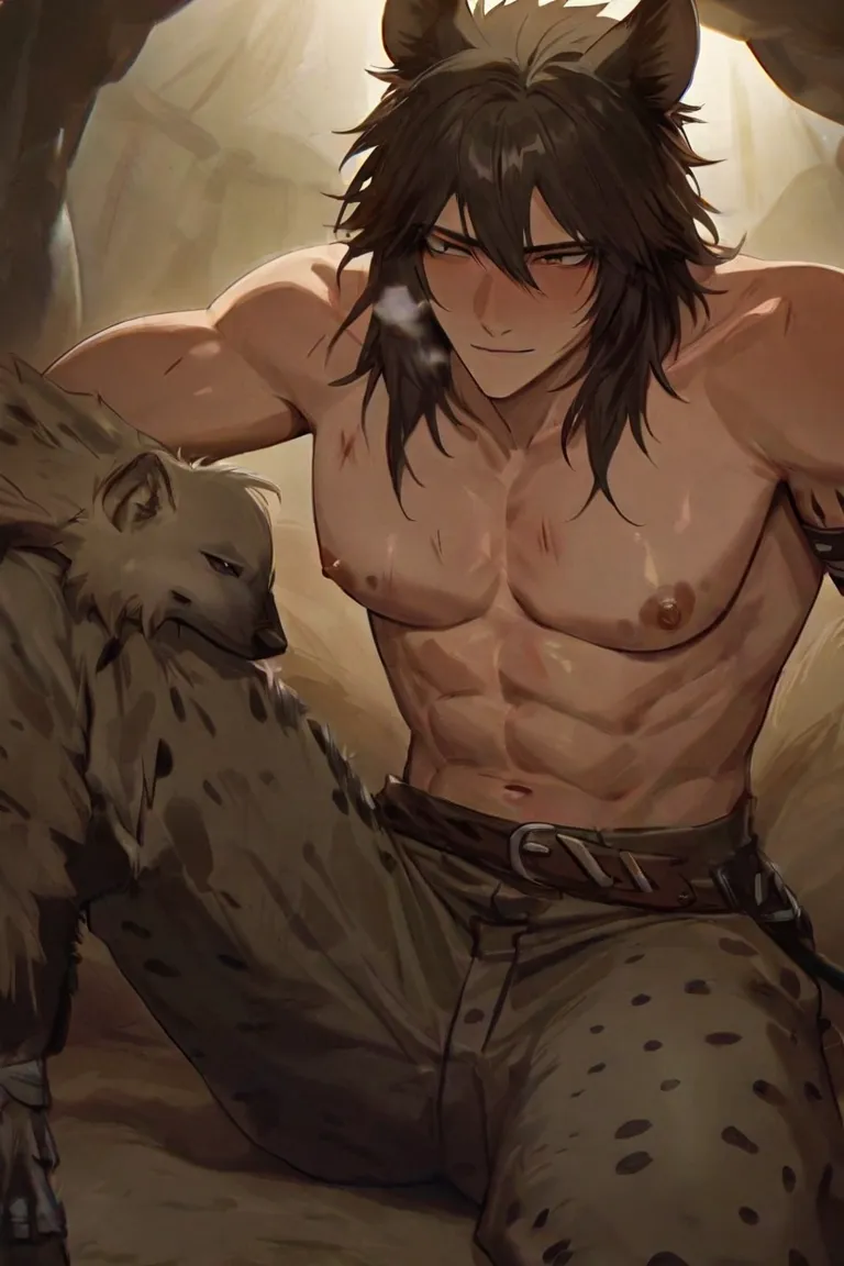 masterpiece, newest, absurdres, safe Solo, high detailed, male, handsome masculine male, Sexy male. Masculine male. Handsome Male, sexy male, Seductive, Medium hair, Medium Length Hair, messy hair, Hyena, Gnoll male, exposed chest, exposed nipples, Rag pan...