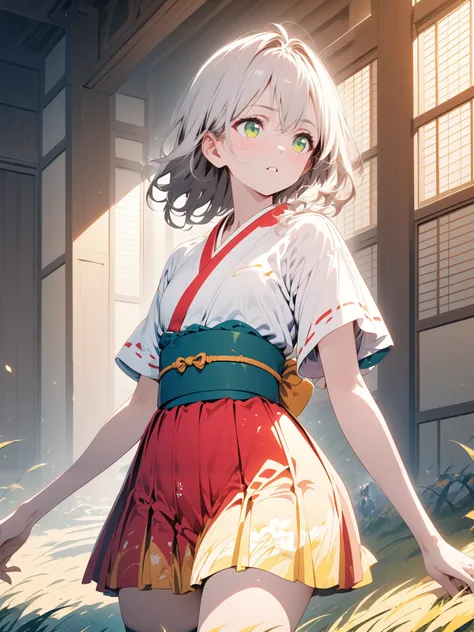 Wa Lolita, kimono skirt, furisode sleeves, medium silver hair,  girl with green eyes, Alone,  is a Japanese castle ,  alert ,  knee shot, corruption, Short sleeve, miniskirt, NSFW,