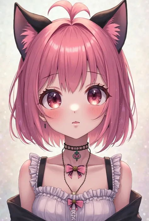 Female anime emo girl short pink hair with two black ears and bangs face Kawaii necklace with a bow