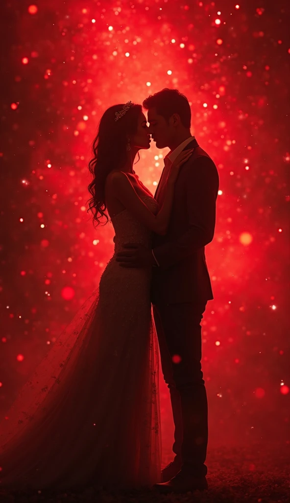 Silhouettes of a couple gazing passionately at each other、inflammation、red light particles