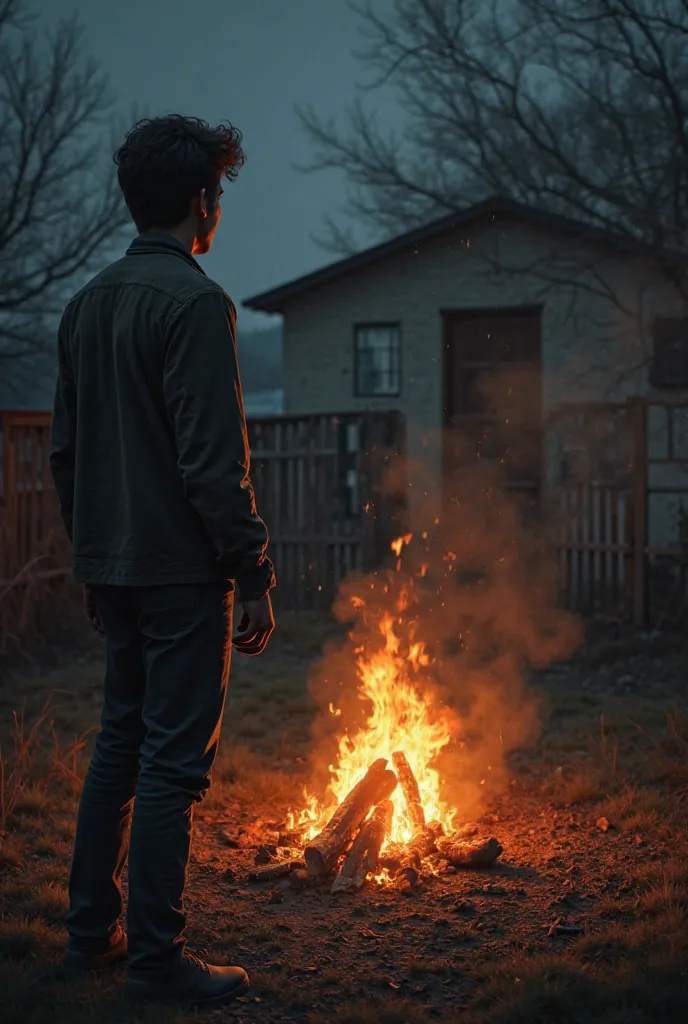 **"Jake burning clothes and gloves at a fire in the backyard of his house."**  