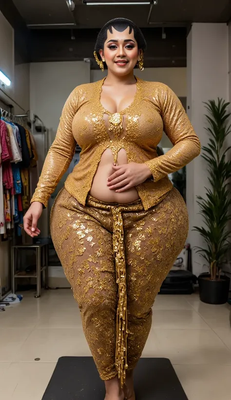 I am a 56 year old pregnant Indonesian woman, wide hips, wearing a glow gold kebaya and glow gold high heels. Being hugged from behind by my 20 year old husband, he is holding my hips.Anatomically Correct, Textured Skin, realistic skin, Super Detailed, Hig...