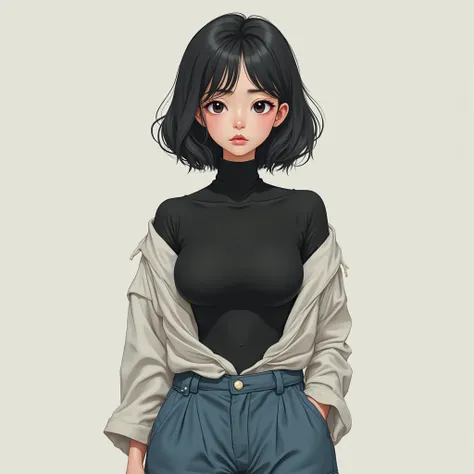 Create a 25-year-old Asian girl, medium-short black hair,  black eyes, con una  face malhumorada,wearing a black turtleneck top, with an unfastened white shirt, blue cargo pants and white shoes,  face