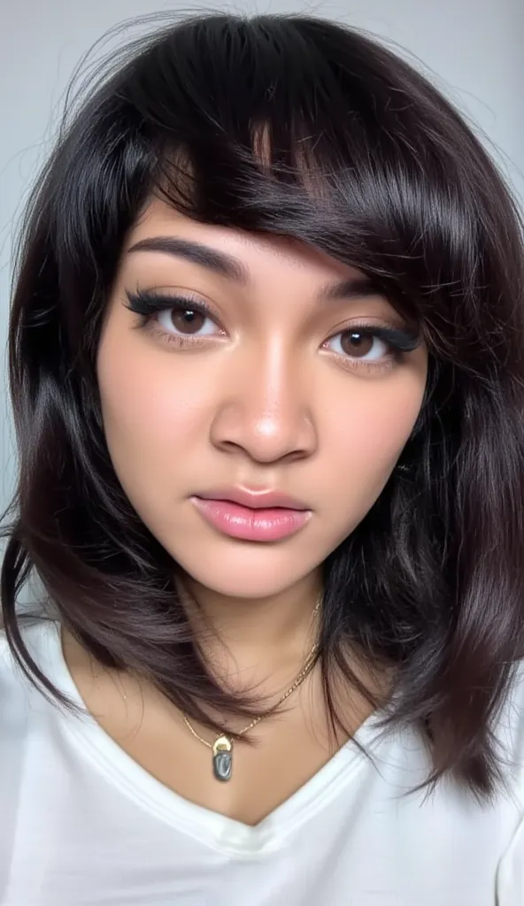 Very beautiful Indonesian woman, tan skin, no make up, big eyes, eye bags, small faces, bob black hair, super realistic, high definition, flat chin, flat nose, boxed head, very ugly face, chubby cheek, chubby faces, 4k, in indonesia, half body