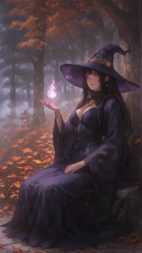 high quality, realistic, Full HD, 最high quality, Beautiful witch woman,  Short Black Hair , purple eyes, big bust, Dressed as a witch, sitting in a tavern and smiling, natural light, Fog effect,  Autumn Scenery,  Magical Atmosphere,  Fantasy Portrait , dig...