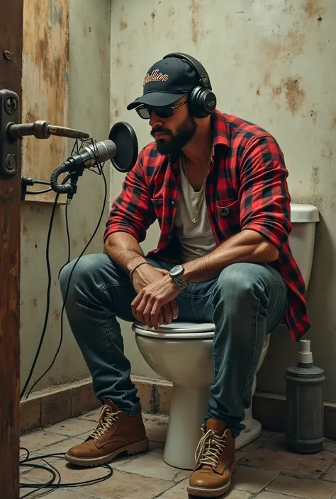 Built Man wearing red and black checker button up shirt with black Baseball cap with Rebellion on it sitting on a toilet with headphones and microphone 