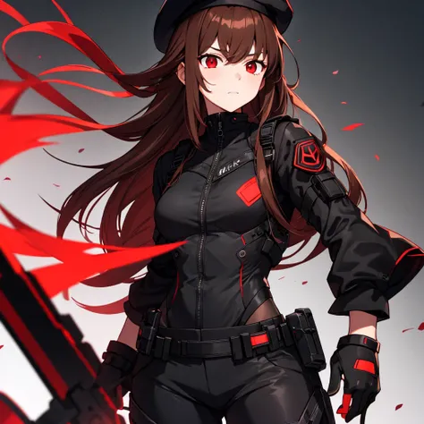 1girl, Rapi (NIKKE), black beret, black combat suit, black short pants, red accent color, red eyes, long hair, brown hair,