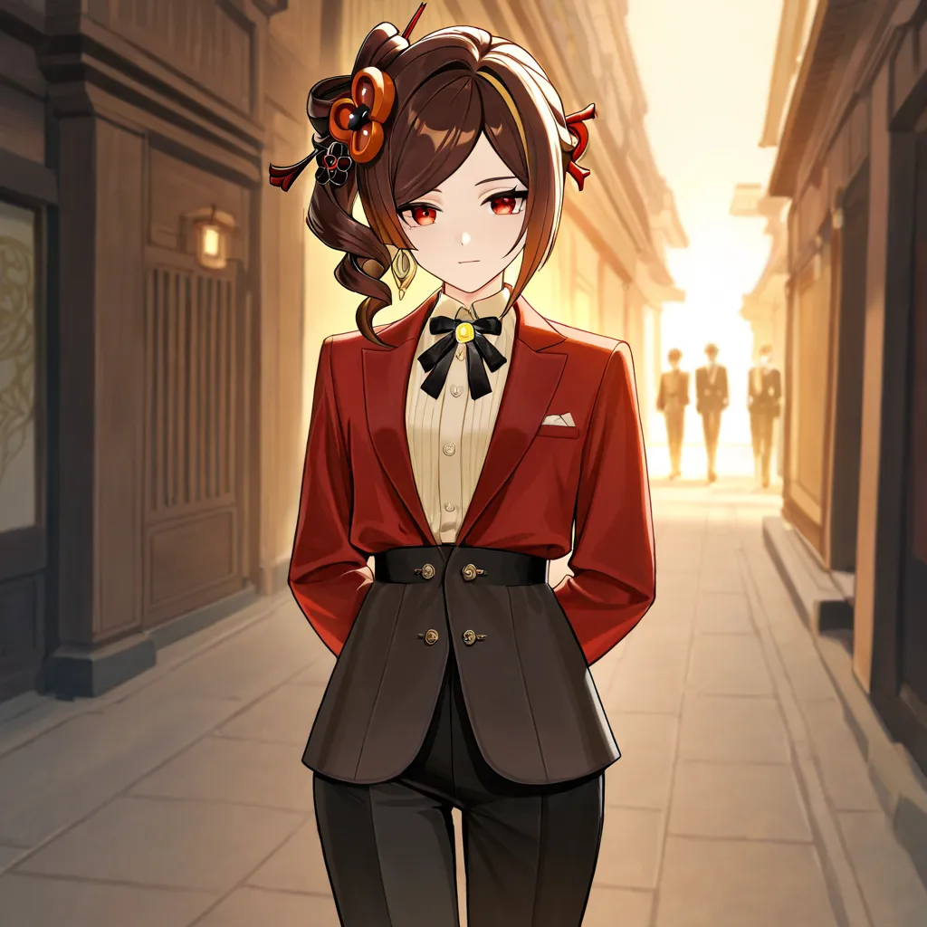 A male character inspired by Chiori from Genshin Impact,  with brown hair,  RED EYES, modern elegant Asian style clothing and earring