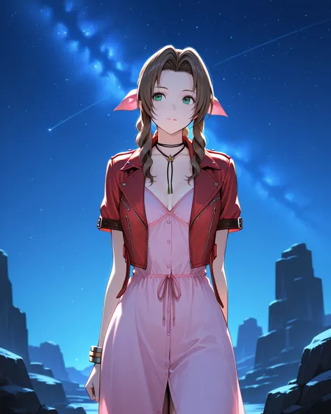 1 girl, solo, cowboy shot, final fantasy 7, masterpiece, best quality, ultra detailed, outdoor, night, starry sky, BREAK, Aerith Gainsborough, 