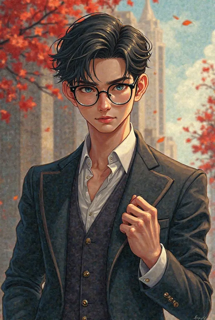 A handsome charming guy simple tall and smart and have a glasses, veiny hands, manhwa looks. 