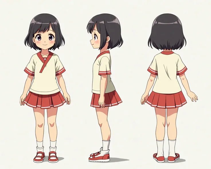 Character sheet, orthographic front, side, and back views,Japanese anime girl smiles, shortcut, simple background, 