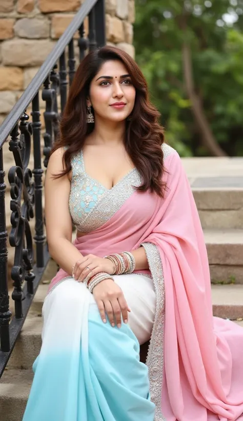 "A stunning young woman with long, dark brown hair and a serene expression, dressed in a pastel pink, blue, and white ombre saree with delicate embroidery. She is sitting gracefully on outdoor stone steps, leaning against a black wrought-iron railing, with...