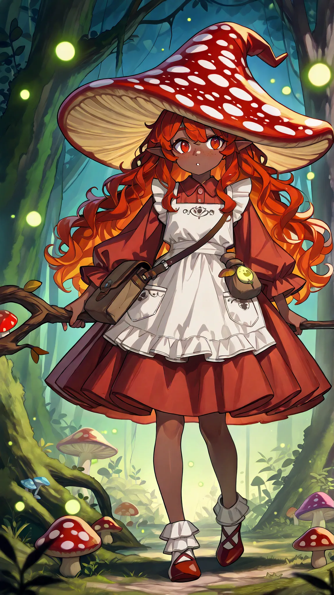  a Fungi Witch with tanned dark skin covered with freckles. She has yellow/scarlet eyes. She has loose ginger red wavy hair, long to her feet. She wears a swampy green medieval witch's dress and an apron with two pockets. You're wearing a potion belt. Ther...