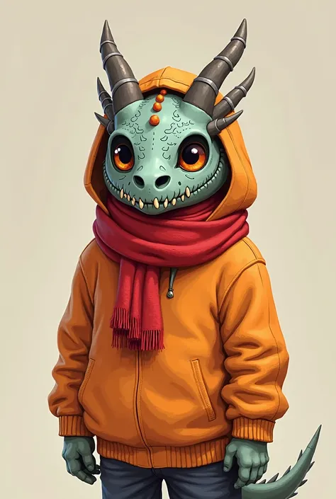  A personne whit a red scarf and a orange hodie, replace hus head by a dragon skull but more cartoony and less realistique and cute