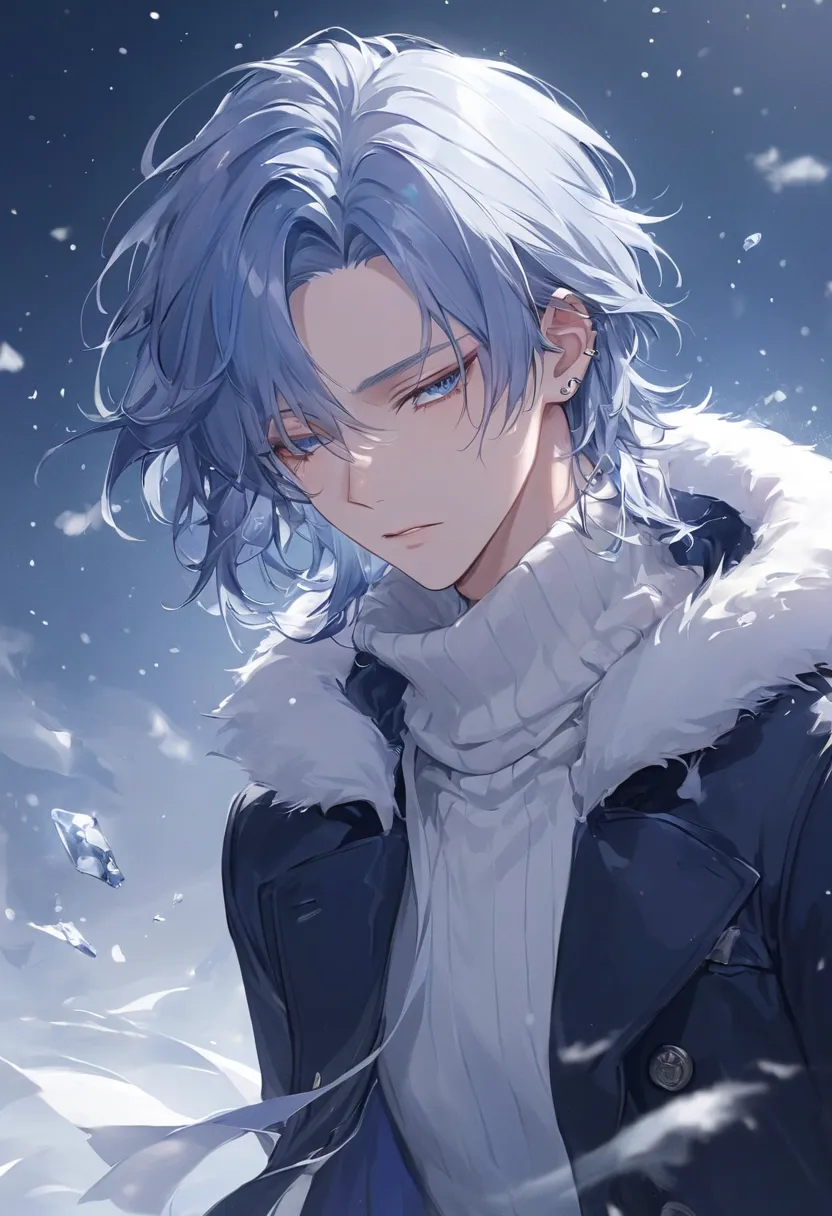 "Ultra-detailed hyper-realistic anime style, a young man with deep midnight blue hair that shimmers with subtle silver-blue highlights. His silky layered hair falls naturally, with strands gently covering his forehead. His downturned eyes are a piercing ic...