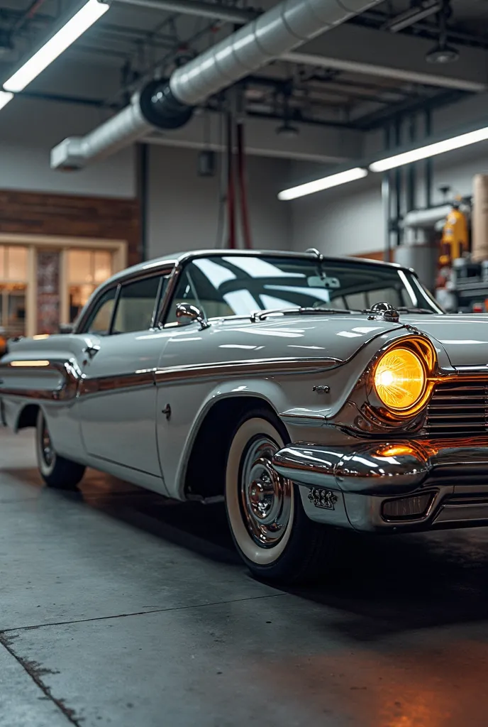 What would the evolution of the 1958 Mercury Monterey car look like in 2025 keeping important parts of the original design, in a workshop, half side and front photo