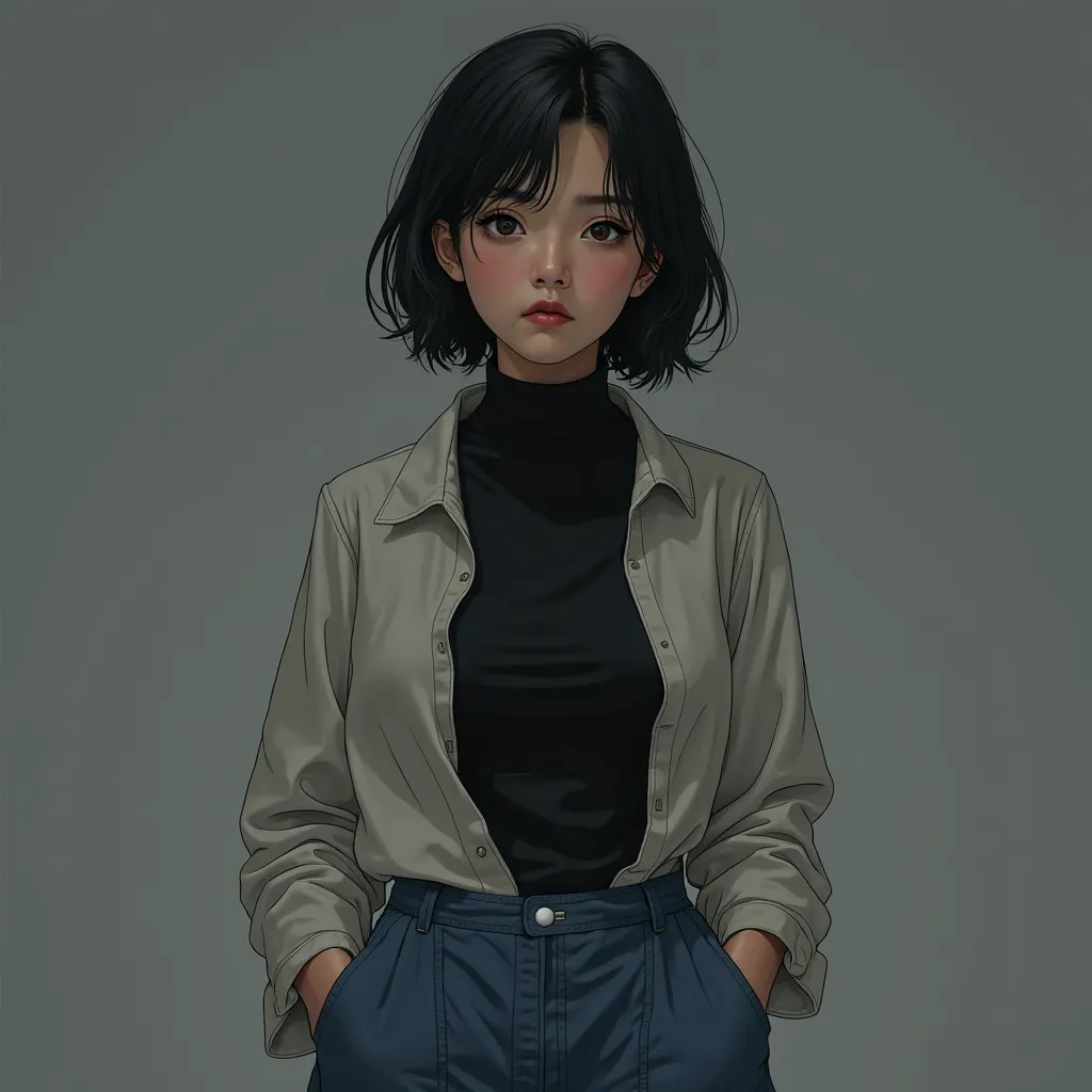 Create a 25-year-old Asian girl, medium-short black hair,  black eyes, con una  face malhumorada y sería, wearing a black turtleneck top, with an unfastened white shirt, blue cargo pants and white shoes,  face